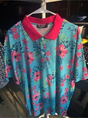 Paul Jones Men’s Turquoise Floral Polo with Pink Collar